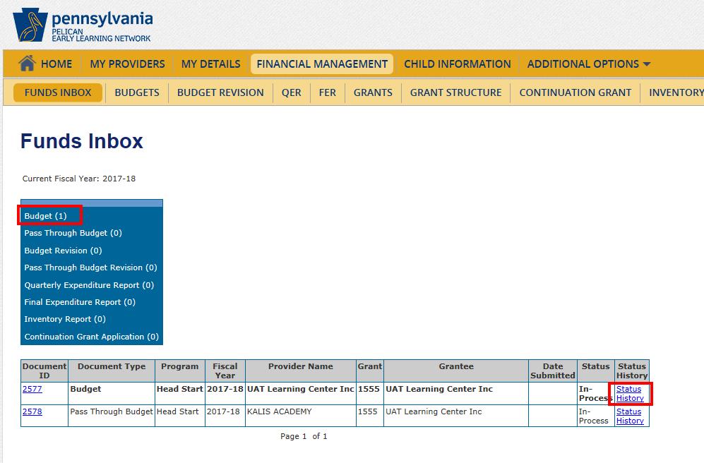 19. The Funds Inbox is displayed. The blue box indicates that there is a budget in process.