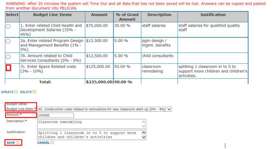 PELICAN: Financial Management Training Guide Figure 64 Pass Through Budget page - Saving Budget Detail Line