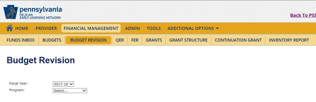 Figure 74 Budget Revision Screen Use the dropdown lists to select the Fiscal Year and program. When the program is selected, the page will display a new dropdown list for Lead Agency/Partner.