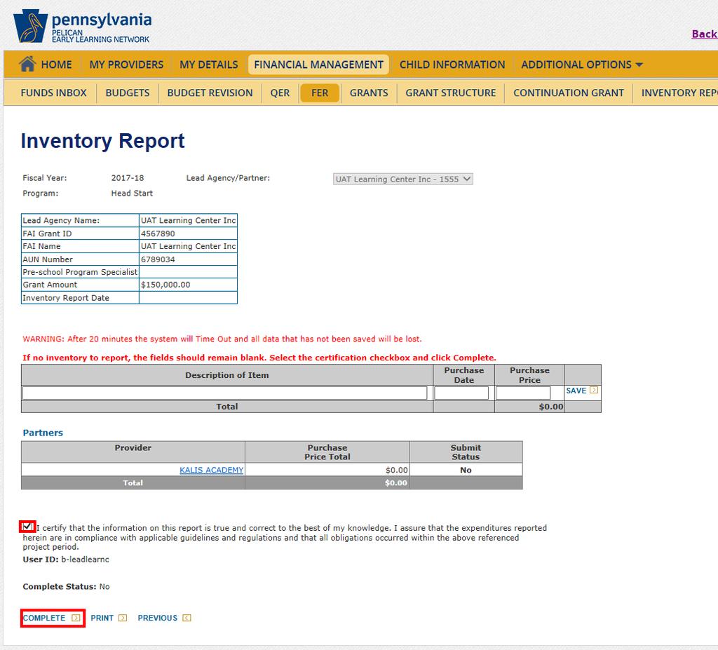 71. The Inventory Report page is displayed. An inventory report is required when purchasing higher priced items. Contact your Pre-School Program Specialists to discuss inventory report requirements.