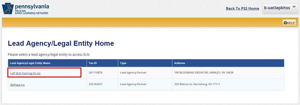 4. Navigate to PA Pre-K Counts Home page. a. If the LA/Grantee user ID is linked to more than one Lead Agency/Legal Entity (LA/LE), the Lead Agency/Legal Entity Home page will load.