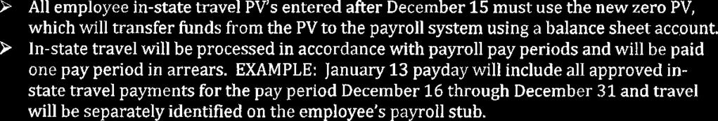 will be changed. In-state travel will be paid using a zero PV that transfers payments to the employee's regular payroll warrants.