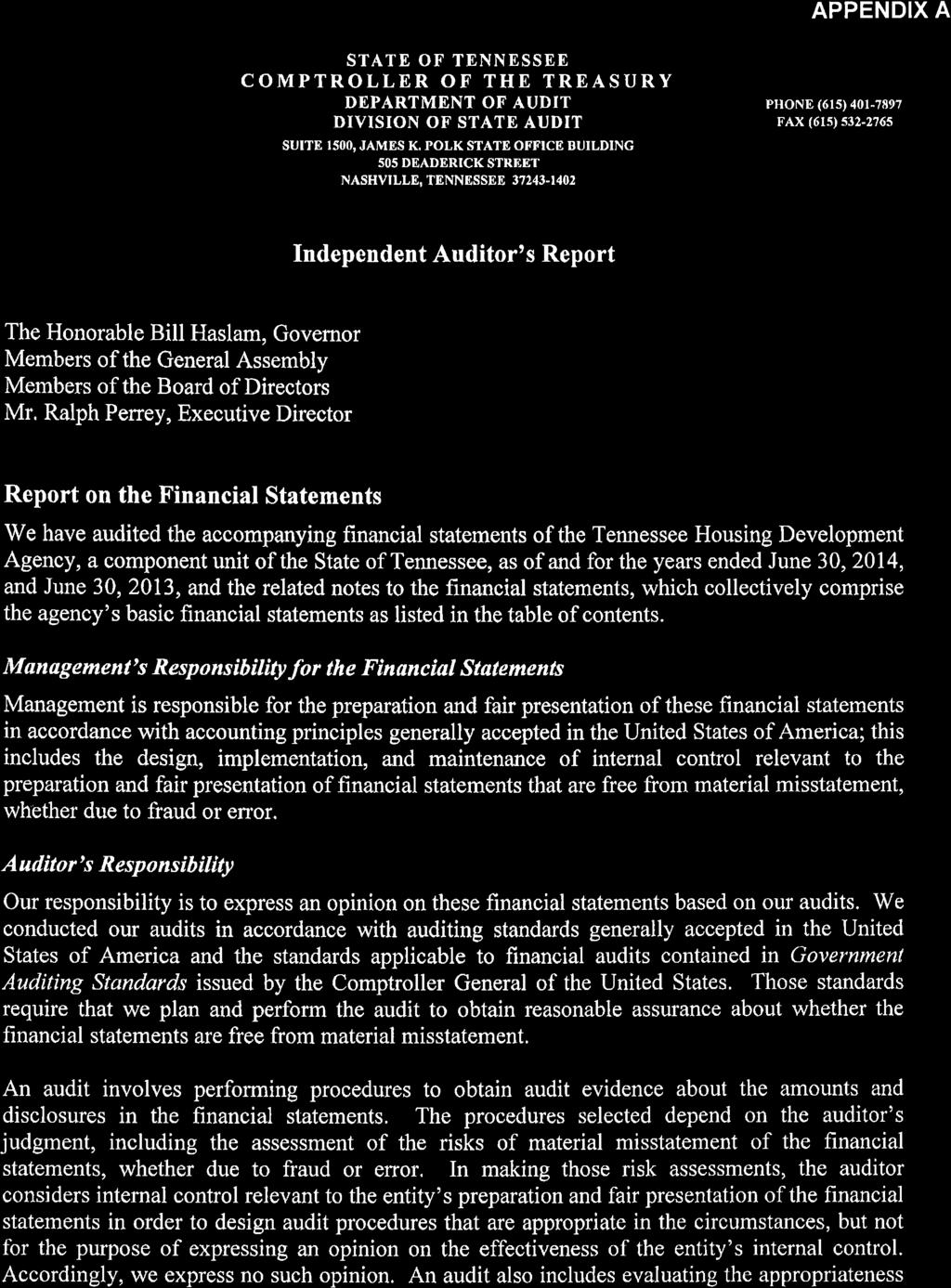 APPENDIX A STATE OF TENNESSEE COMPTROLLER OF THE TREASURY DEPARTMENT OF AUDIT DIVISION OF STATE AUDIT SUITE I5OO, JAMES K.