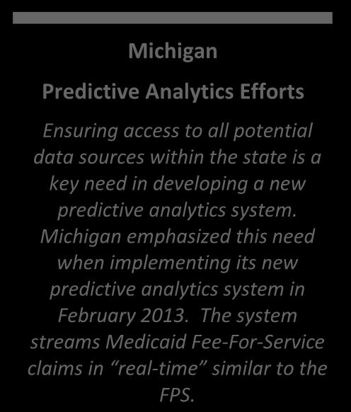 Massachusetts Predictive Analytics Efforts Massachusetts new predictive analytics system went live in May, 2013, and has achieved early success in identifying alerts on improper claims prior to the