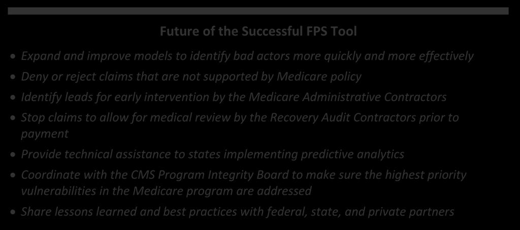 4. Beyond the Third Year: Expanding Improper Payment Monitoring and System Efficiencies The primary focus of the FPS during the first three implementation years was identifying providers with the
