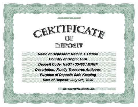 Certificate of Deposit A certificate issued by a bank to a person depositing money for a specified length