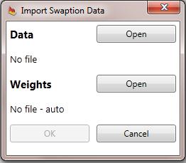 Menu item Import allows the user to import the market data (swaption volatilities) and their weights in the calculation procedure. Edit allows the user to adjust imported data.