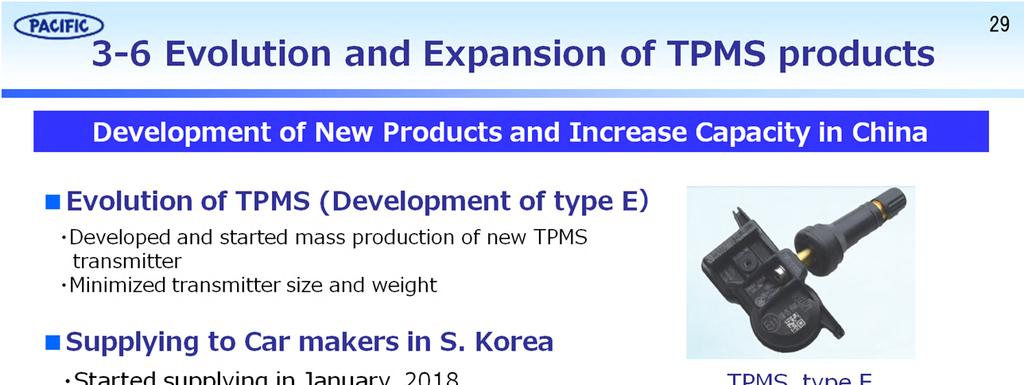 <Evolution and Expansion of TPMS Products> We are expecting further market expansion for TPMS (Tire Pressure Monitoring System). But first, some background explanation is in order.