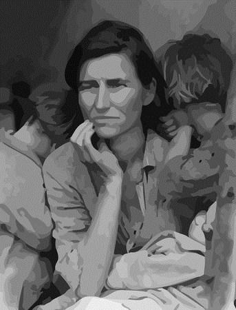 Montana Poverty Report Card December 2011 Royalty-free clipart picture of a lady in throught, her children hugging her shoulders, original titled Migrant Mother by Dorothea