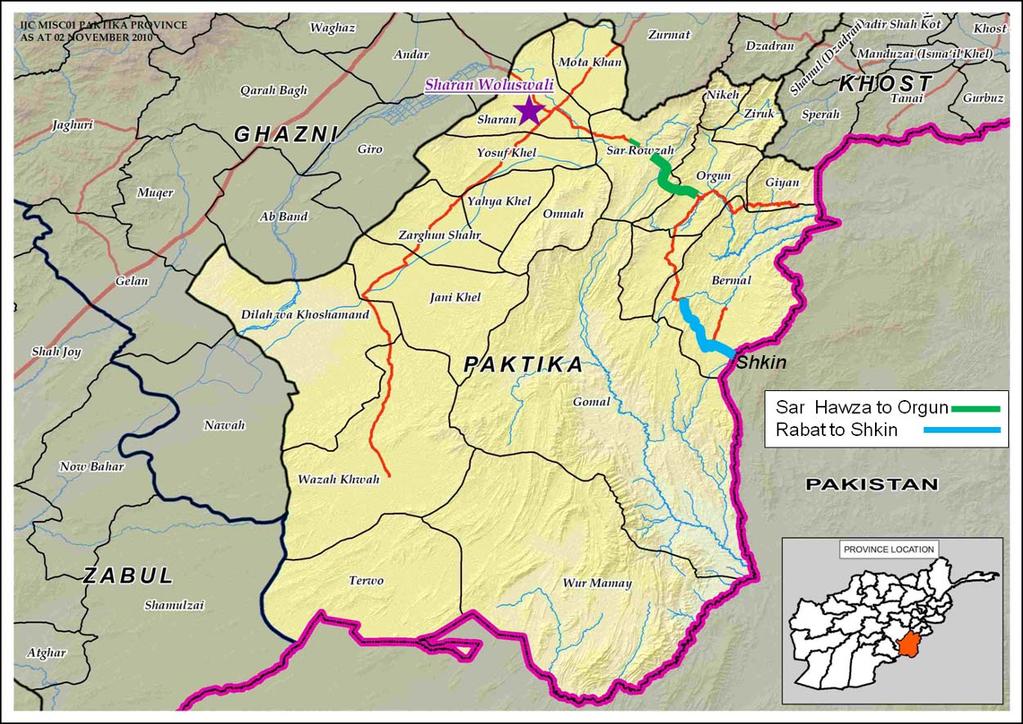 15 B. Description of the Project 13. The Sar Hawzar to Orgun and Rabat to Shkin roads project passes through three districts of Paktika Province in the eastern part of Afghanistan.