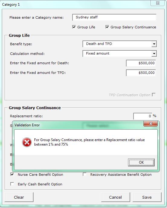 Group Salary Continuance category errors Replacement ratio The following error will be displayed