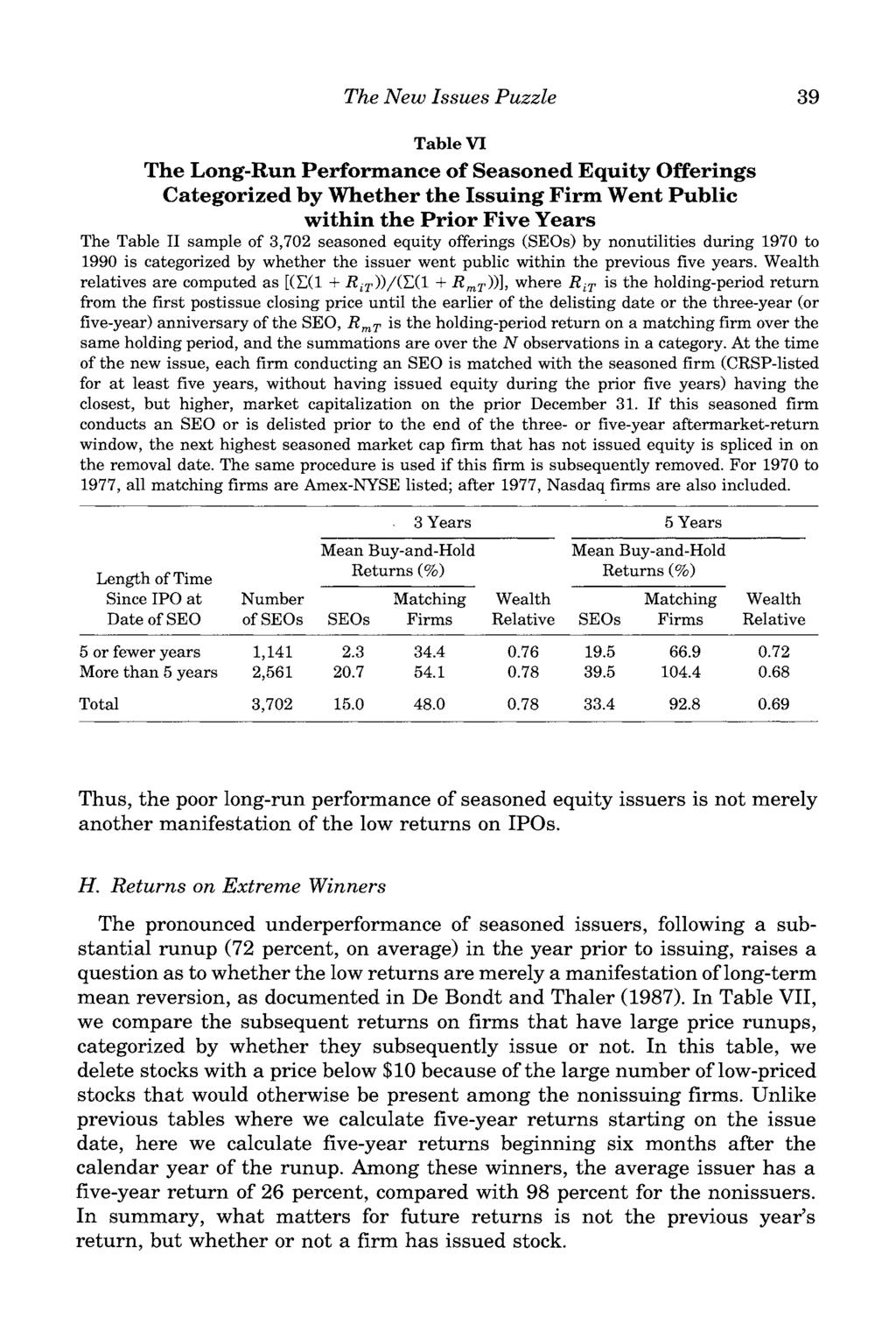 The New Issues Puzzle 39 Table VI The Long-Run Performance of Seasoned Equity Offerings Categorized by Whether the Issuing Firm Went Public within the Prior Five Years The Table II sample of 3,702