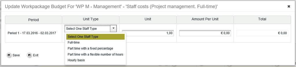53 Creating sub-budget line under BL Staff costs To enter the costs for each project staff member, please click on icon window will appear (Fig.54). Fig.