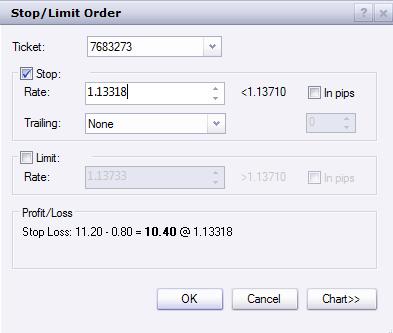 After left clicking in the stop or limit column of the open positions window the stop/limit order box will appear.