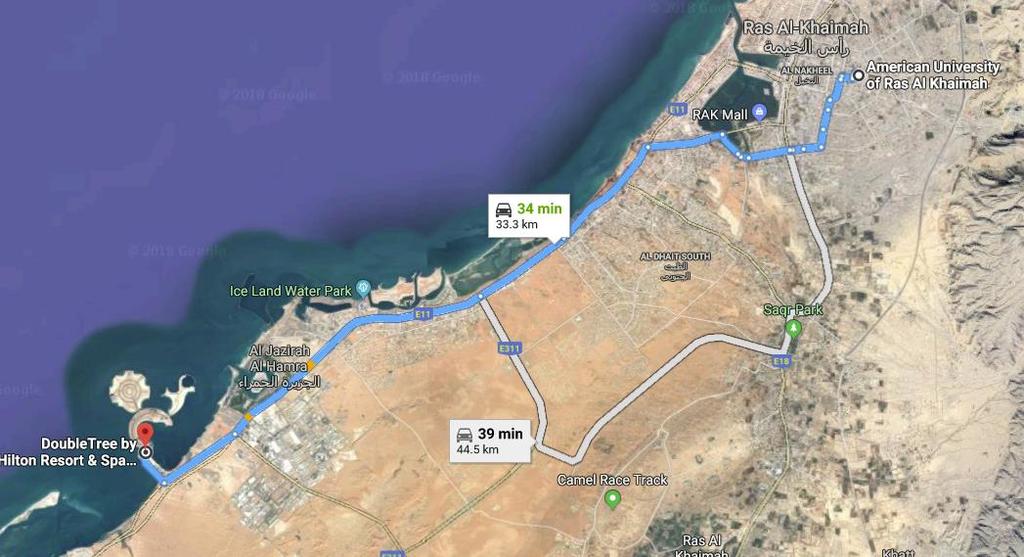 Distance from AURAK: 34 km Estimated time from AURAK: 34 min Price Range per room (normal): AED 1,200/night Hotel Website: http://doubletree3.hilton.