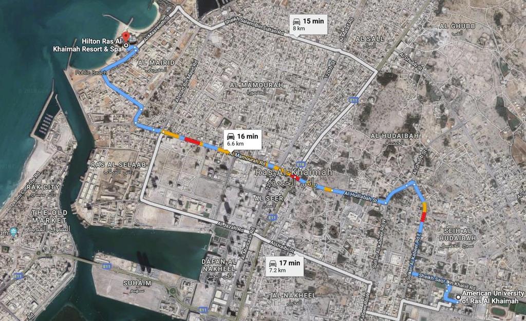 Distance from AURAK: 7 km Estimated time from AURAK: 17 min Price Range per room (normal): AED 1,100/night Hotel Website: http://www3.hilton.