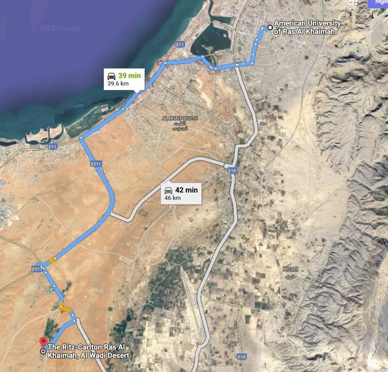 Distance from AURAK: 40 km Estimated time from AURAK: 40 min Price Range per room (normal): AED 2,900/night Hotel Website: http://www.