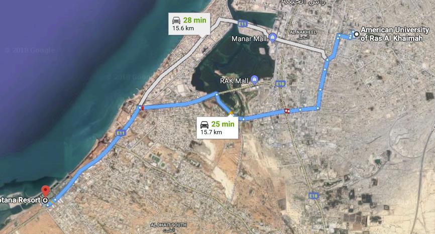 Distance from AURAK: 16 km Estimated time from AURAK: 28 min Price Range per room (normal): AED 1,100/night Hotel Website: https://www.rotana.