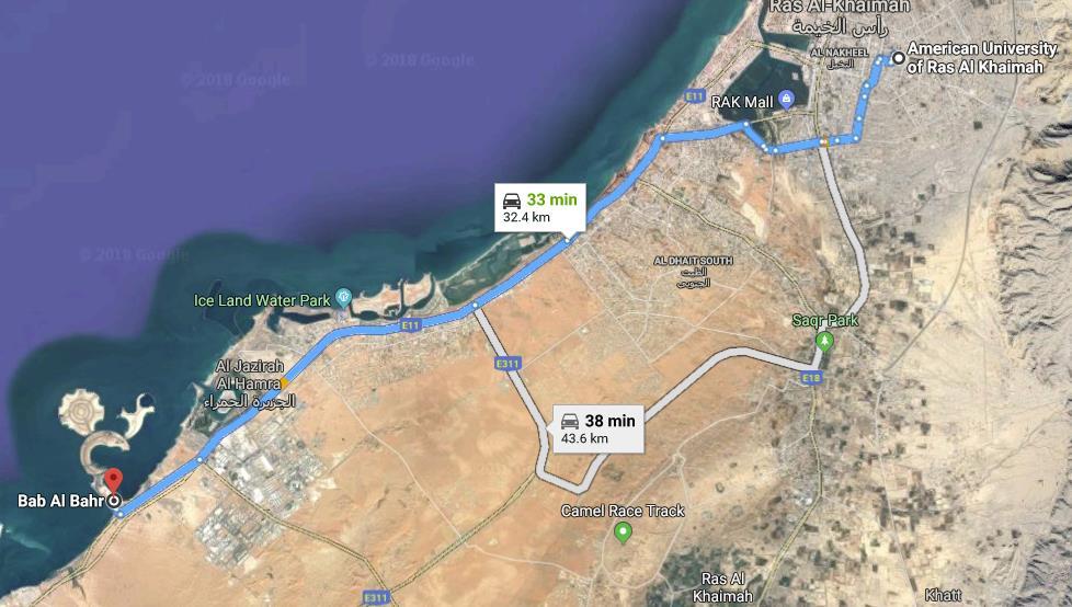 Distance from AURAK: 33 km Estimated time from AURAK: 33 min Price Range per room (normal): AED 1,770/night Hotel Website: http://babalbahr.rixos.