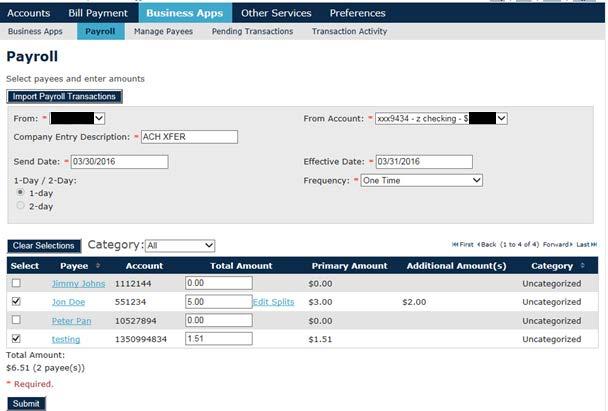SUBMITTING THE ACH FILE After you have configured the payees/payers and amount to be paid, you can submit the file. Click on the Appropriate ACH button.