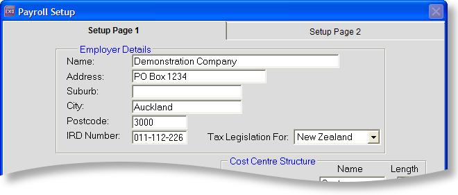 New Features Employer Postal Code A postcode can now be specified for companies on the Payroll Setup window: New Contact Details The contact details for MYOB Support and Sales in New Zealand have