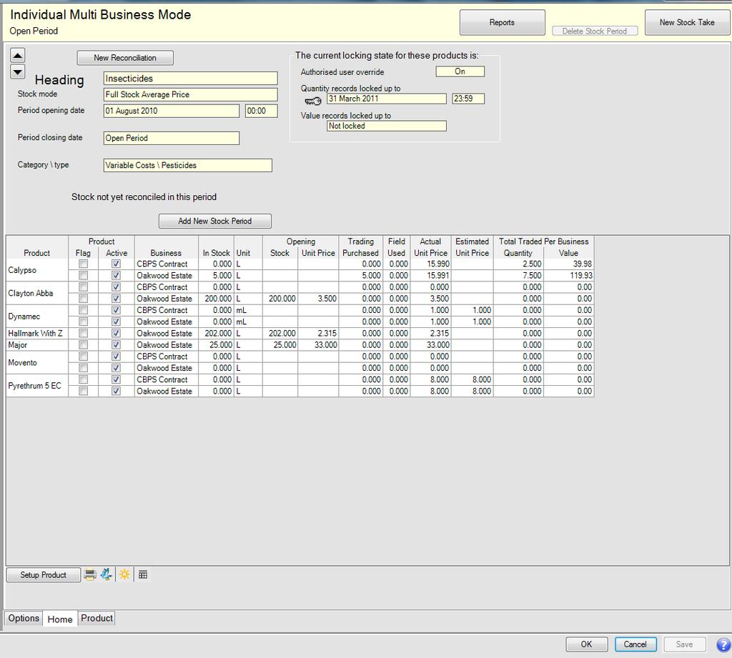 Multi business individual stock taking Mode When you select Multi business individual stock taking Mode, you are then present with an amended standard Stock Management Window as below.