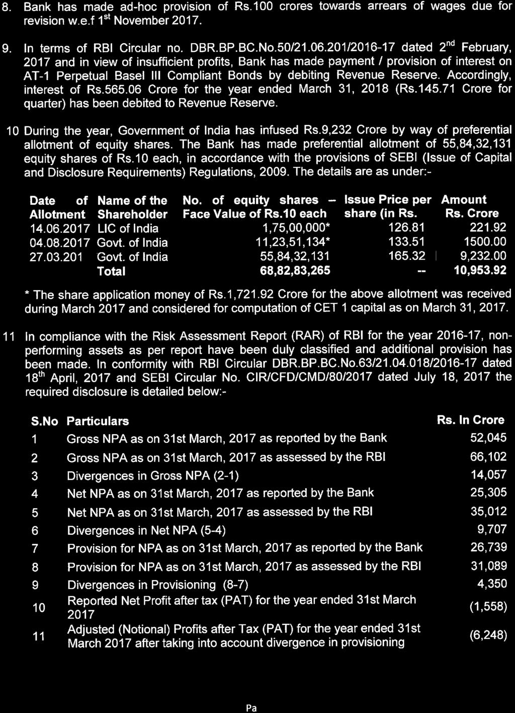 8. Bank has made ad-hoc provision of Rs.100 crores towards arrears of wages due for revision w.e.f 1st November 2017. 9. In terms of RBI Circular no. DBR.BP.BC.No.50/21.06.