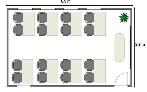 3.2.1 If 1 000 mm = 1 m, determine the area that the tables will cover. (4) 3.2.2 Calculate the floor area of the classroom. 3.2.3 If each student needs 0,9 m 2 to sit comfortable without using tables, how many students will be able to fit in this office classroom?
