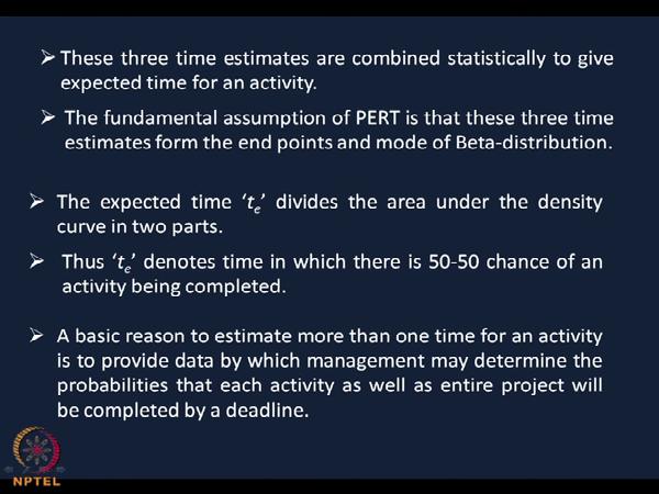 (Refer Slide Time: 04:45) So, from this if you see this 3 time estimates are combined statistically to give the expected time for an activity.