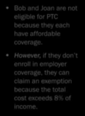 42 Exemption: Aggregate Cost of Coverage Bob and Joan have jobs that offer health coverage.