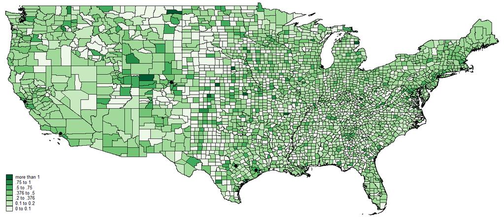 Figure 4: PCs per employee across the US: 1990 to 2014 1987 1996 2006 2014 Notes: Maps show county average PCs per employee.