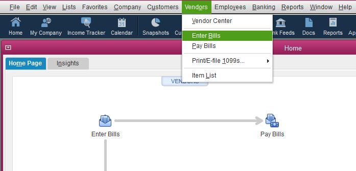 III. Entering and paying bills a. Entering bills i. You can enter bills from the home screen, vendors tab, and the vendor center. ii.