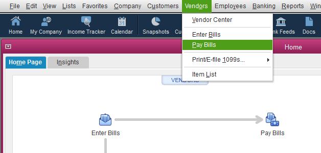 b. Paying entered bills i. You can pay bills through the home screen, vendors drop down list at the top, and within the vendor center ii.
