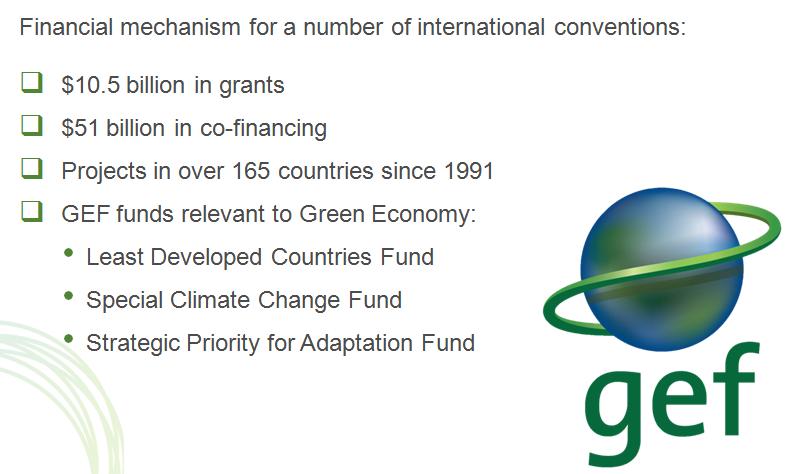 Global Environmental Facility GEF (World Bank, UNDP, UNEP and others) This slide gives a brief overview of the Global Environment Facility (GEF).