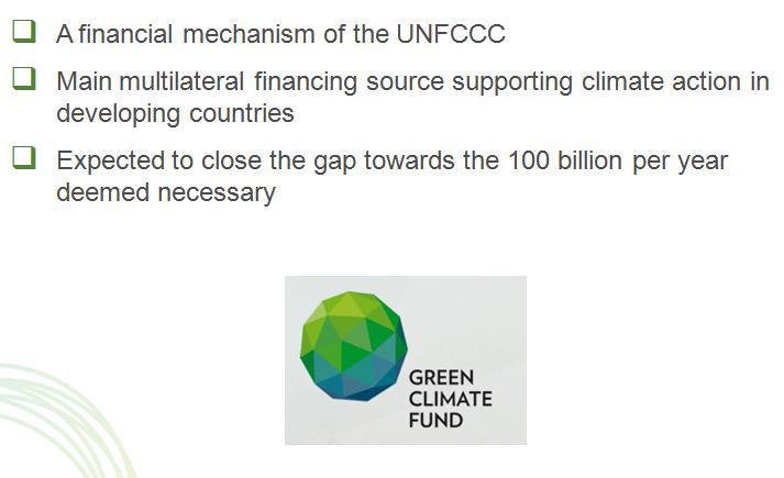 Green Climate Fund (GCF) This slide presents the rationale and objectives of the Green Climate Fund (GCF).