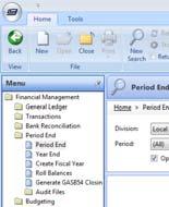 From the menu select Financial Management, Period End, and then Period End Select New from the