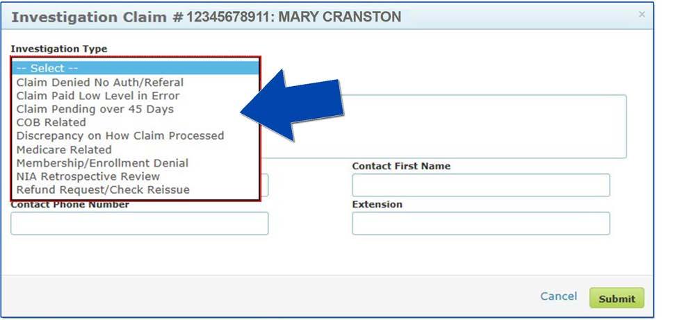 Once you click Claim Investigation, the Investigation Entry pop-up appears. You will need to complete this form by following the below instructions.