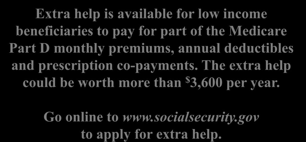 Extra Help Could Further Reduce Medicare Prescription Drug Costs Extra help is available for low income beneficiaries to pay for part of the Medicare Part D monthly