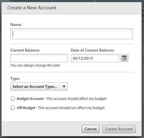 2. Enter your account information into the Create a New Account dialogue box. Remember to select Budget Account to have the account you chose go towards your budget.