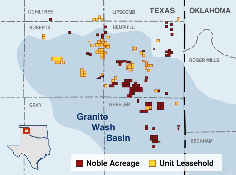 Granite Wash Play Noble acquisition strategic fit with existing UPC leasehold Total 47,000 net acres in the Texas Panhandle Core Area (81% HBP) Approximately 800 potential drilling
