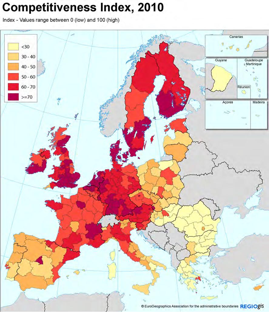 Competitive European Regions The focus should be In less developed regions on: Institutions Quality of basic education Basic infrastructure and Health In highly developed