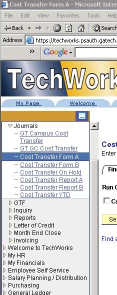 PeopleSoft Financials 8.8 Electronic Cost Transfers Printing Electronic Cost Transfer Forms and Reports Look at the left-hand menu to select the report you wish to print.