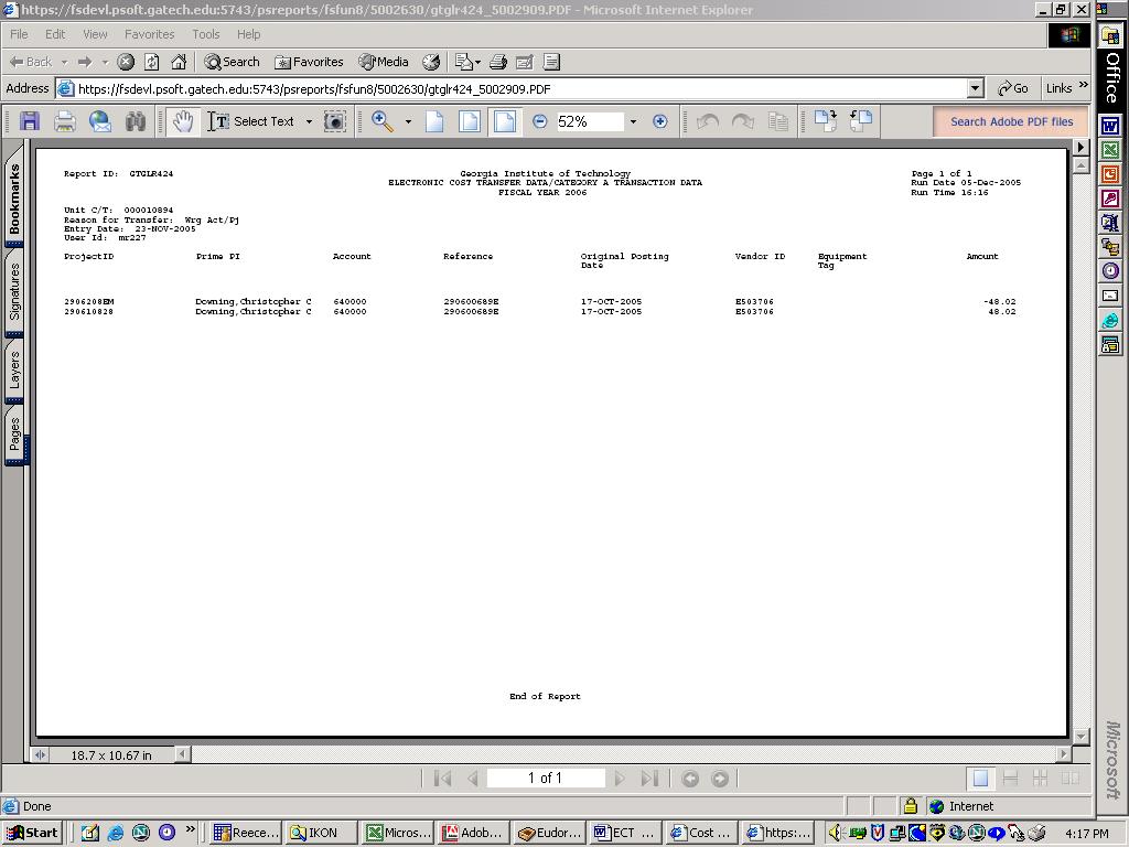 PeopleSoft Financials 8.8 Electronic Cost Transfers Results for Report A. PeopleSoft 8.