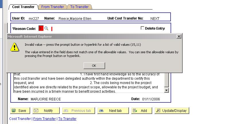 correction to continue data entry: When the error message appears,