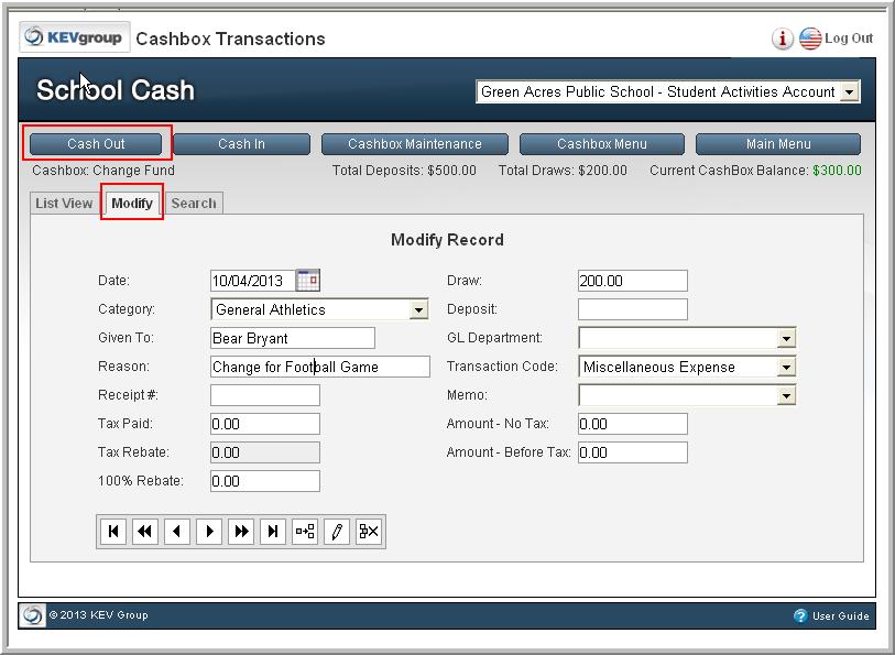 o DRAW the amount of change in the sponsor s cashbox o TRANSACTION CODE select Miscellaneous Expense Click Continue to create a temporary expense in the sponsoring account and click the SAVE icon