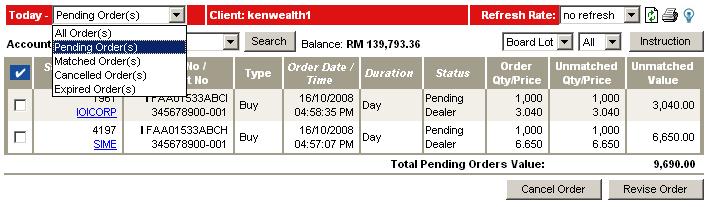 Figure 25 Pending Order Step 3: You also can select the confirmed status for Odd Lot