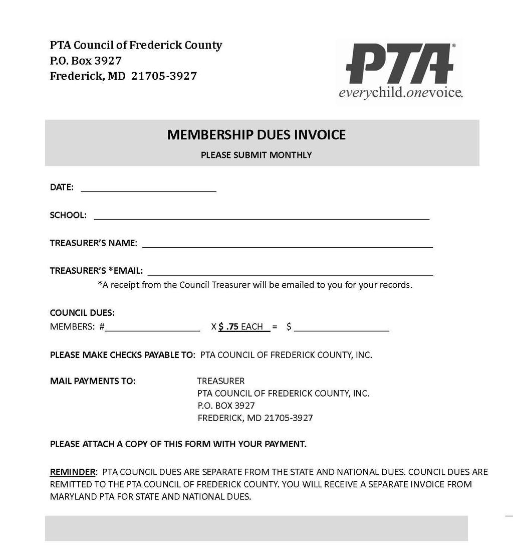 PTA Council of Frederick County - Treasurer s Guidebook 20 Council Dues Form This form is available at. PTAs may also copy this page and use the form below. Keep a copy for your records.
