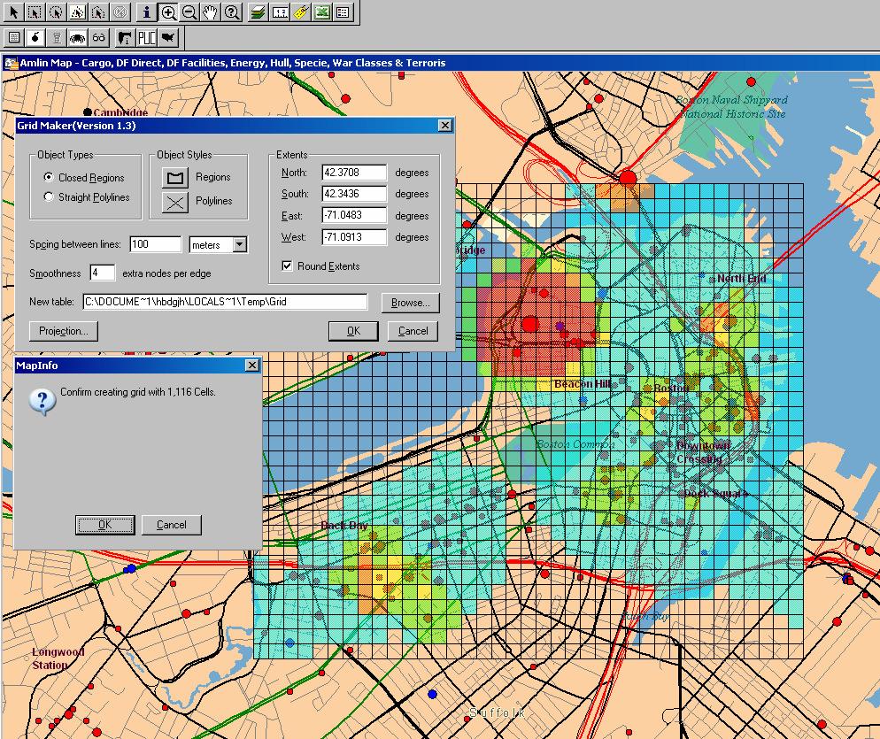 Spider Analysis Uses MapInfo tool Grid Maker to define a grid area and spacing.