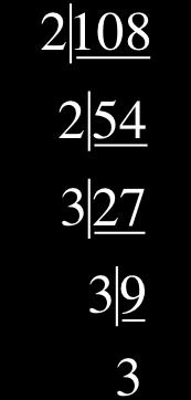 A few examples follow: Number Factorization Prime Factorization 30 6 5 2 3 5 4 2 2 2 2 36 4 9 2 2 3 2 Suppose we want to find the prime factorization of 108.