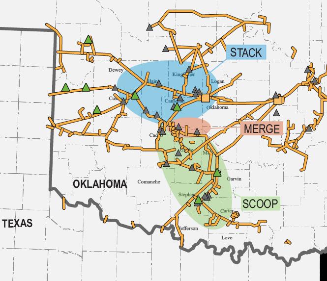 S TA C K A N D S C O O P PLAY S PROVIDING CONNECTIVITY Natural Gas Pipelines Connected to 34 natural gas processing plants in Oklahoma with a total capacity of 1.